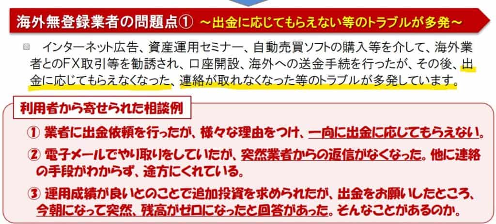 海外FX業者に対する関東財務局からの資料