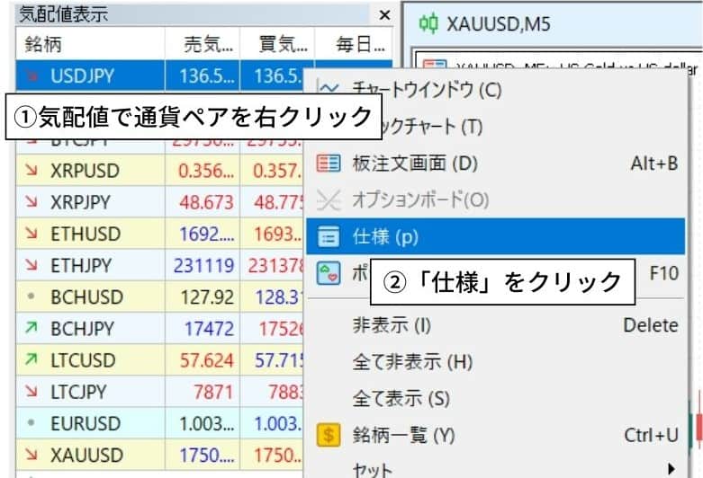 パソコン版の海外FXのスワップポイント確認方法｜気配値の通貨ペアを右クリックして仕様をクリック