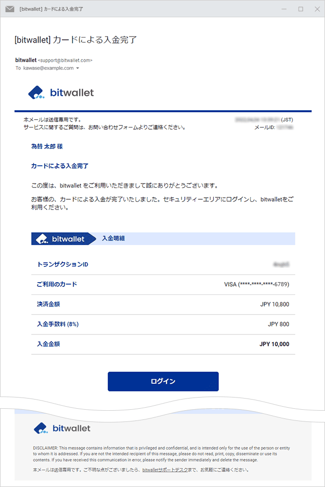 海外FXでクレジットカード/デビットカードでbitwallet入金する方法⑥登録したアドレスに入金完了通知が届く