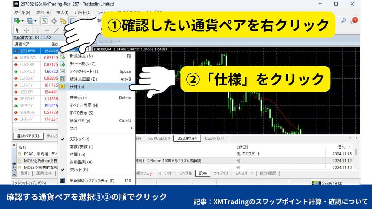 XMのMT4/MT5のスワップポイント確認方法